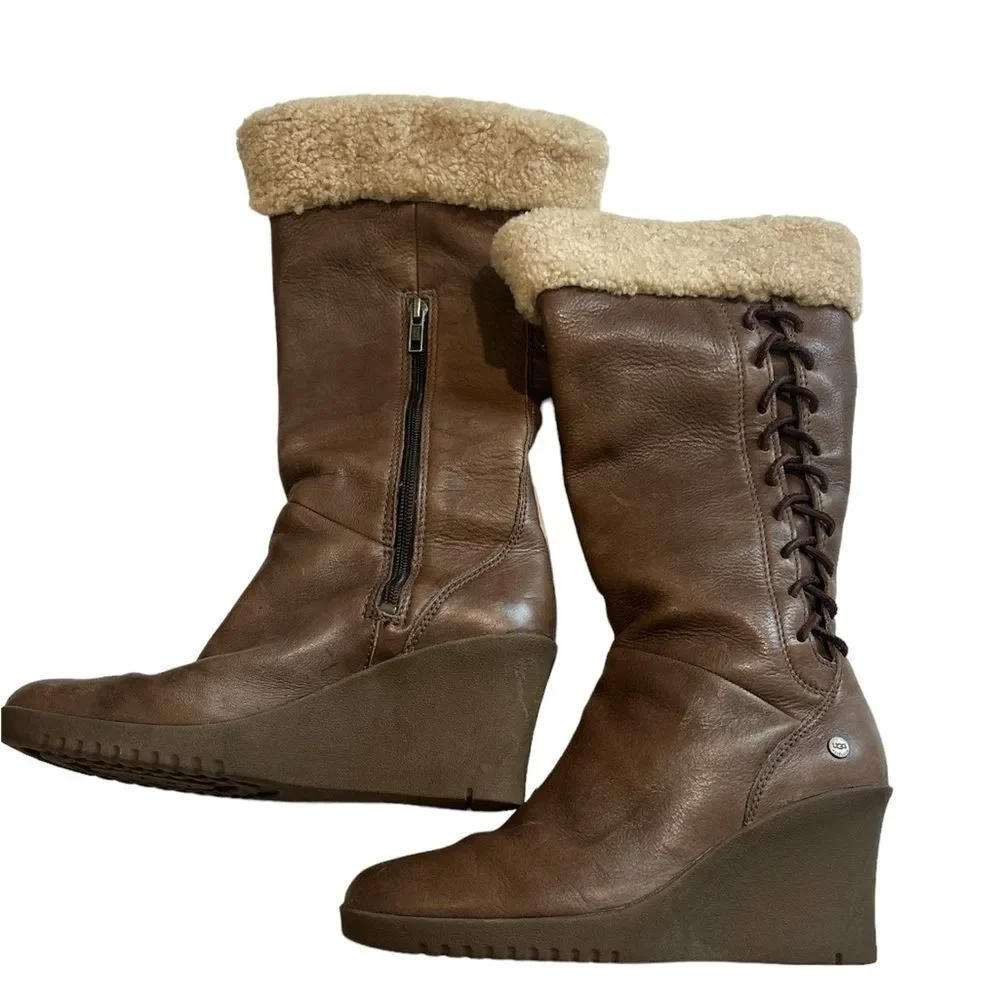 Ugg Felicity Brown Leather boots wedge rubber heel, shearling cuff sz 8 Boho